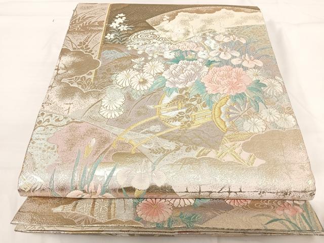 平和屋着物◎佐賀錦 全通柄袋帯 慶長重ね 花車扇づくし文 金銀糸 正絹 逸品 AABH0028yx