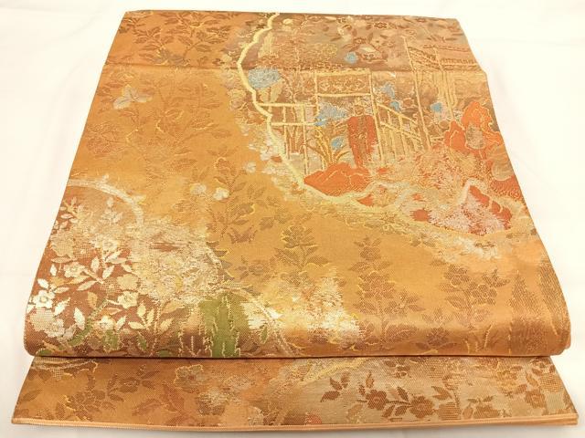 平和屋着物◎六通柄袋帯 人物風景文 銀糸 正絹 逸品 AABH0029yx