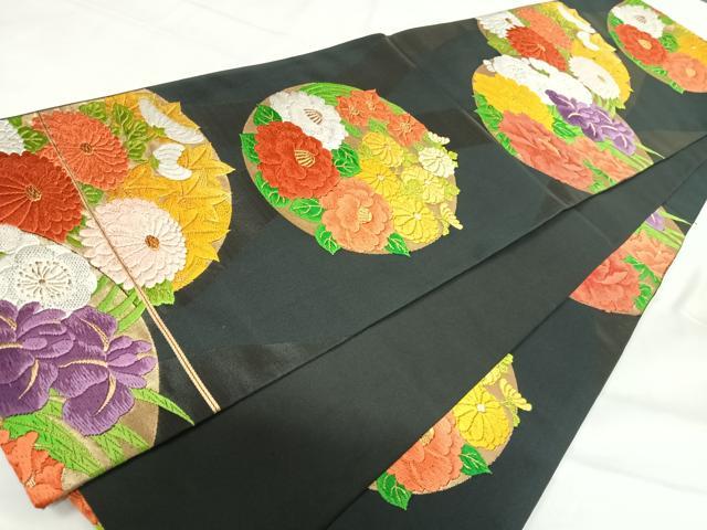 平和屋着物◎六通柄袋帯 唐織 花丸文 黒地 金糸 正絹 逸品 AABH0040yx