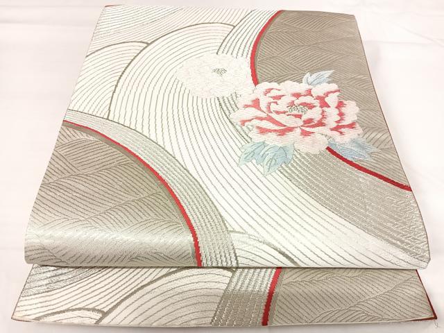 平和屋着物◎六通柄袋帯 流水牡丹文 銀彩 正絹 逸品 AABH0052yx
