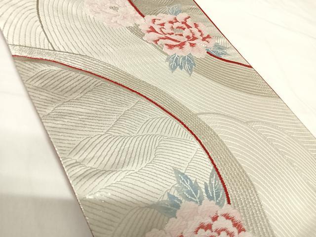 平和屋着物◎六通柄袋帯 流水牡丹文 銀彩 正絹 逸品 AABH0052yx