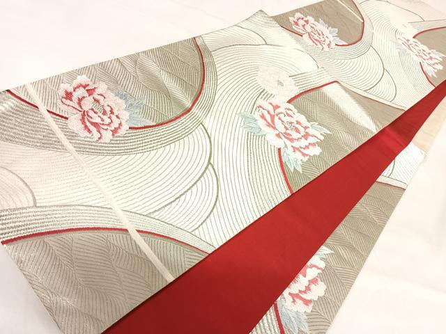 平和屋着物◎六通柄袋帯 流水牡丹文 銀彩 正絹 逸品 AABH0052yx