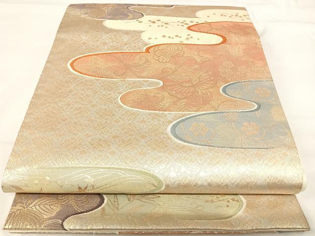 平和屋着物◎六通柄袋帯 霞重流水文 金糸 正絹 逸品 AABH0064yx
