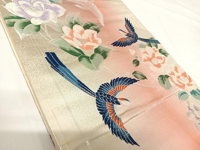 平和屋着物◎六通柄袋帯 唐織 花鳥文 銀糸 正絹 逸品 AABH0079yx