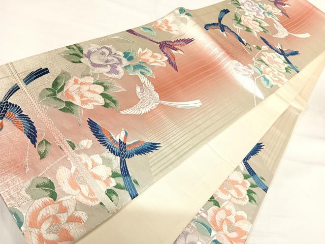平和屋着物◎六通柄袋帯 唐織 花鳥文 銀糸 正絹 逸品 AABH0079yx