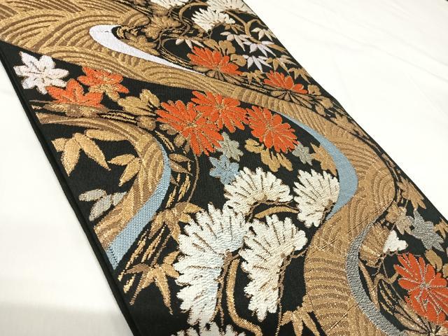 平和屋着物◎六通柄京袋帯 流水花文 黒地 金糸 正絹 逸品 AABH0082yx