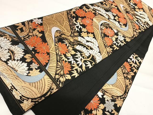 平和屋着物◎六通柄京袋帯 流水花文 黒地 金糸 正絹 逸品 AABH0082yx
