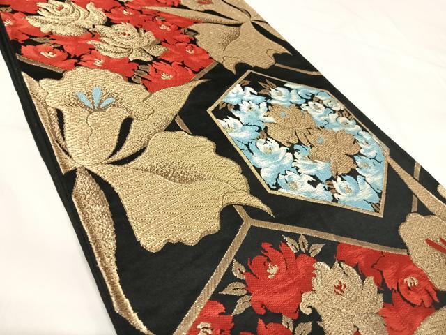 平和屋着物◎六通柄京袋帯 松園 黒地 金糸 正絹 逸品 AABH0088yx