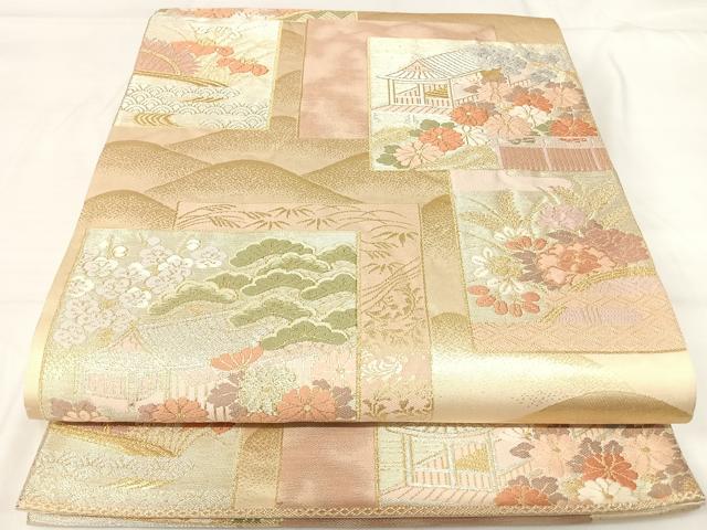 平和屋着物◎六通柄袋帯 唐織 色紙風景文 金銀糸 正絹 逸品 AABH0094yx