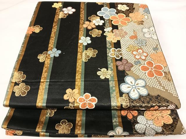 平和屋着物◎六通柄袋帯 唐織 舞花文 黒地 金糸 正絹 逸品 AABH0095yx