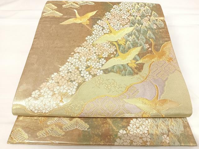 平和屋着物◎六通柄袋帯 錦秀寿松鶴文 引箔 正絹 逸品 AABH0098yx