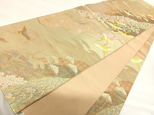 平和屋着物◎六通柄袋帯 錦秀寿松鶴文 引箔 正絹 逸品 AABH0098yx