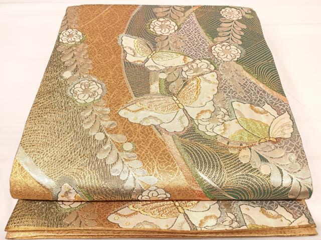 平和屋着物◎佐賀錦 全通柄袋帯 作家物 花蝶文 金銀糸 正絹 逸品 AABH0123yx