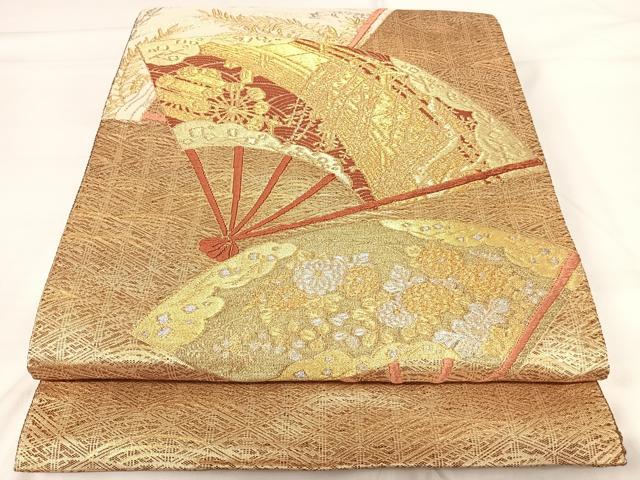 平和屋着物◎佐賀錦 太鼓柄袋帯 唐織 扇面風景文 金糸 正絹 逸品 AABH0126yx