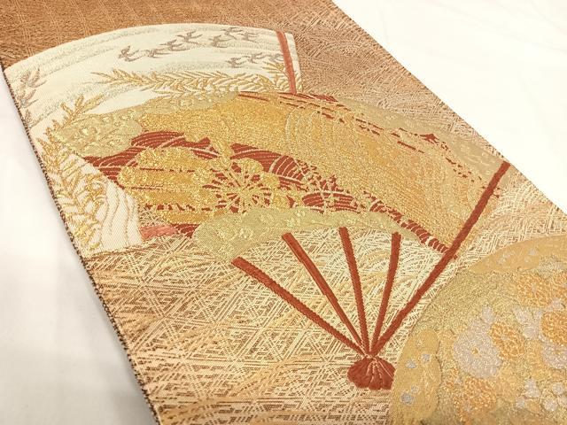 平和屋着物◎佐賀錦 太鼓柄袋帯 唐織 扇面風景文 金糸 正絹 逸品 AABH0126yx