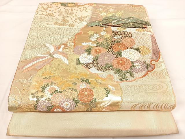 平和屋着物◎西陣 六通柄袋帯 唐織 蒔絵 雪輪花鳥文 金糸 正絹 逸品 AABH0137yx