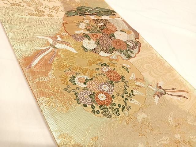 平和屋着物◎西陣 六通柄袋帯 唐織 蒔絵 雪輪花鳥文 金糸 正絹 逸品 AABH0137yx