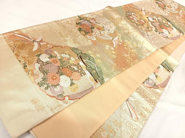 平和屋着物◎西陣 六通柄袋帯 唐織 蒔絵 雪輪花鳥文 金糸 正絹 逸品 AABH0137yx