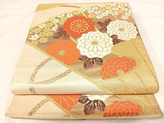 平和屋着物◎六通柄袋帯 唐織 百花末広文 金糸 正絹 逸品 AABH0146yx