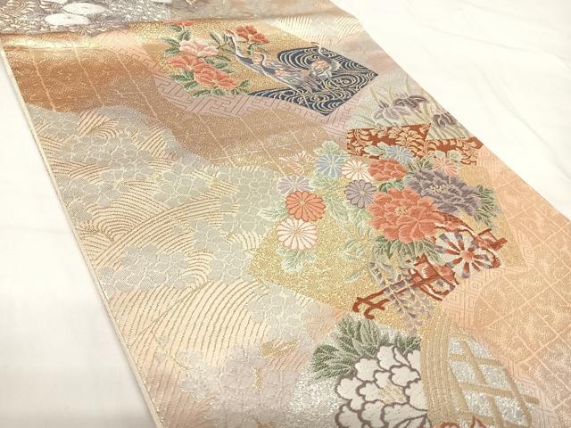 平和屋着物◎六通柄袋帯 唐織 扇面花車文 金銀糸 正絹 逸品 AABH0149yx