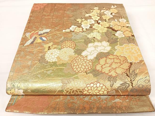 平和屋着物◎六通柄袋帯 唐織 鴛鴦花文 金銀糸 正絹 逸品 AABH0151yx