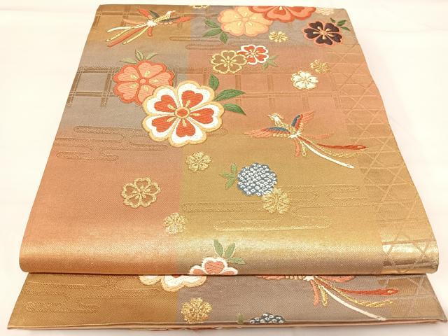平和屋着物◎六通柄袋帯 唐織 花鳥文 金糸 正絹 逸品 AABH0154yx