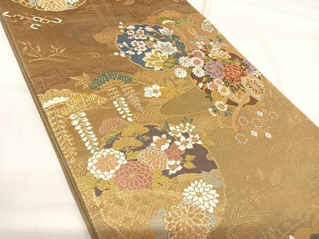 平和屋着物◎六通柄袋帯 唐織 雪輪花車文 正絹 逸品 AABH0169yx