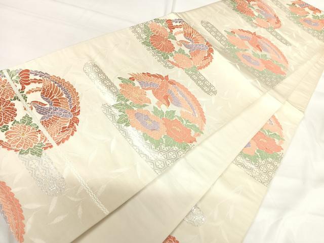 平和屋着物◎六通柄袋帯 唐織 柳仙鳥花文 銀糸 正絹 逸品 AABH0177yx