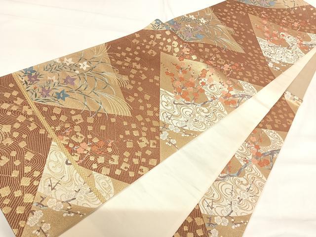 平和屋着物◎六通柄袋帯 唐織 草花文 金糸 正絹 逸品 AABH0183yx