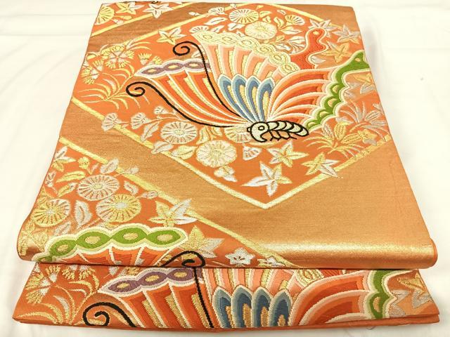 平和屋着物◎六通柄袋帯 唐織 花蝶文 金銀糸 正絹 逸品 AABH0194yx