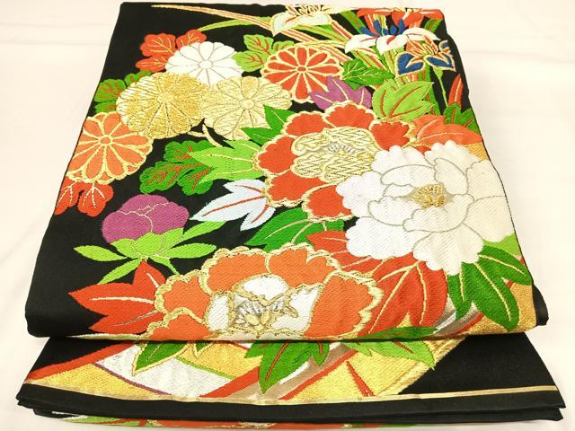 平和屋着物◎六通柄袋帯 唐織 草花文 黒地 金銀糸 正絹 逸品 AABH0198yx