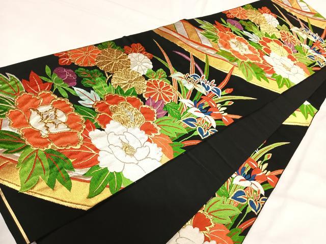 平和屋着物◎六通柄袋帯 唐織 草花文 黒地 金銀糸 正絹 逸品 AABH0198yx