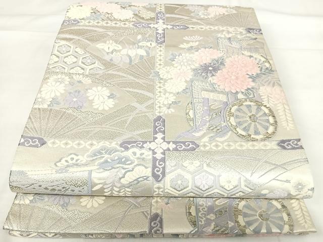 平和屋着物◎六通柄袋帯 唐織 御所車花文 銀糸 正絹 逸品 AABH0200yx