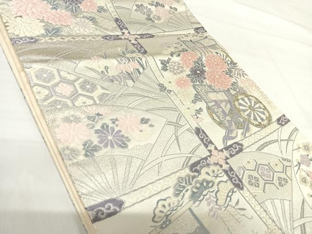 平和屋着物◎六通柄袋帯 唐織 御所車花文 銀糸 正絹 逸品 AABH0200yx
