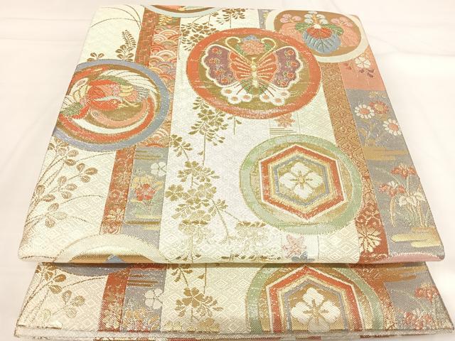 平和屋着物◎佐賀錦 六通柄袋帯 花蝶丸文 金銀糸 正絹 逸品 AABH0209yx