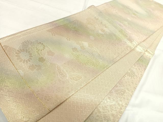 平和屋着物◎佐賀錦 六通柄袋帯 花蝶文 銀糸 正絹 逸品 AABH0214yx