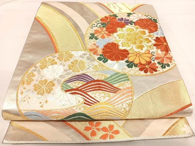 平和屋着物◎六通柄袋帯 唐織 立波花文 金銀糸 正絹 逸品 AABH0215yx