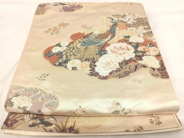 平和屋着物◎六通柄袋帯 唐織 雲取孔雀絵 金糸 正絹 逸品 AABH0222yx