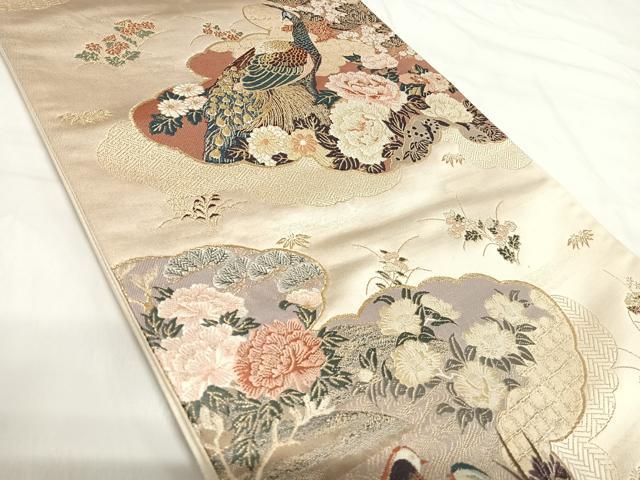 平和屋着物◎六通柄袋帯 唐織 雲取孔雀絵 金糸 正絹 逸品 AABH0222yx