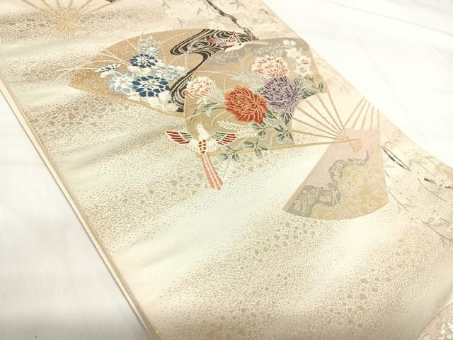 平和屋着物◎西陣 六通柄袋帯 唐織 扇面花鳥文 金糸 正絹 逸品 AABH0233yx