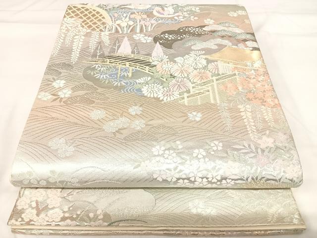 平和屋着物◎六通柄袋帯 唐織 風景花文 プラチナ純銀箔二重織 正絹 逸品 AABH0237yx