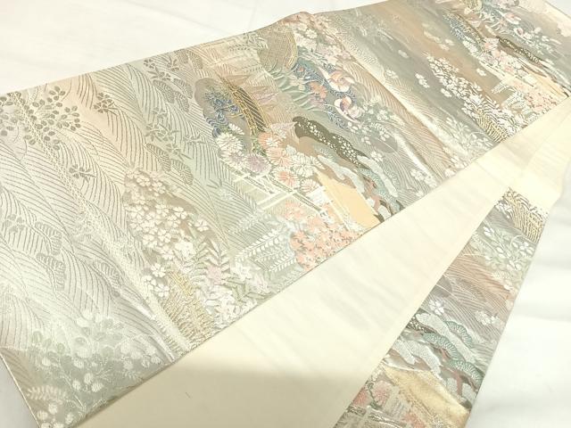平和屋着物◎六通柄袋帯 唐織 風景花文 プラチナ純銀箔二重織 正絹 逸品 AABH0237yx