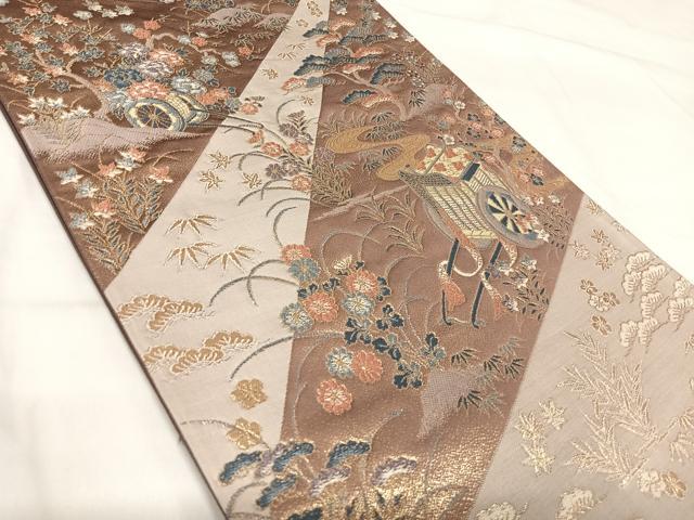 平和屋着物◎六通柄袋帯 唐織 御所車花文 金糸 正絹 逸品 AABH0238yx