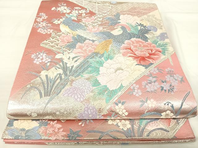 平和屋着物◎六通柄袋帯 唐織 花鳥文 銀糸 正絹 逸品 AABH0247yx