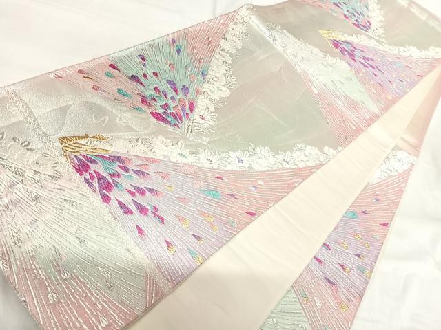 平和屋着物◎六通柄袋帯 唐織 孔雀花文 金銀糸 正絹 逸品 AABH0261yx