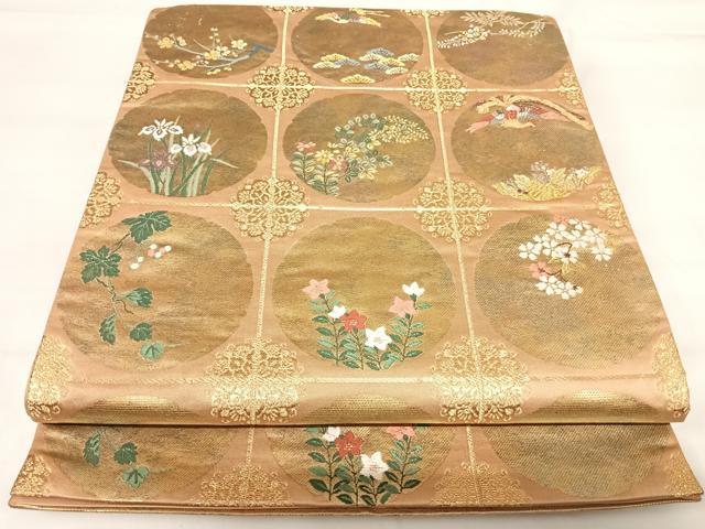平和屋着物◎太鼓柄袋帯 唐織 花鳥丸文 金糸 正絹 逸品 AABH0264yx