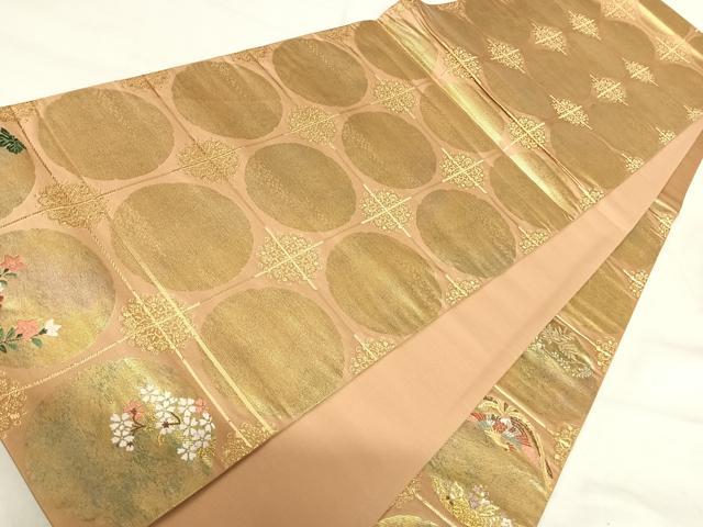平和屋着物◎太鼓柄袋帯 唐織 花鳥丸文 金糸 正絹 逸品 AABH0264yx