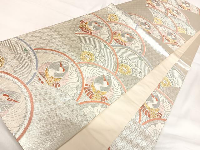 平和屋着物◎六通柄袋帯 唐織 花青海波 鶴 金銀糸 正絹 逸品 AABH0270yx