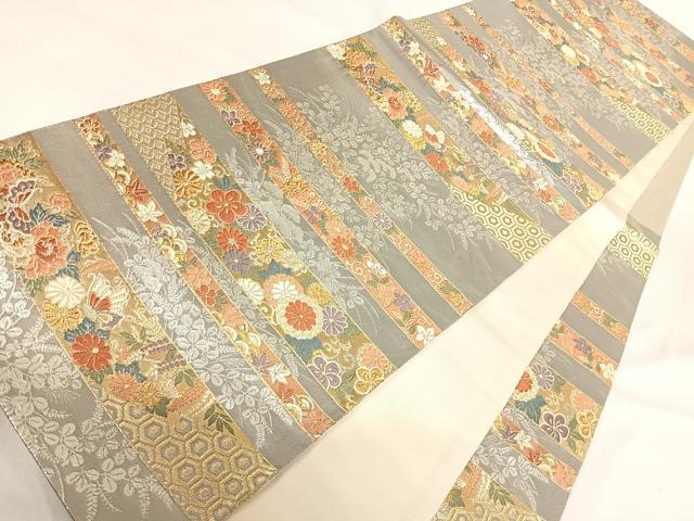 平和屋着物◎六通柄袋帯 唐織 横段花文 金銀糸 正絹 逸品 AABH0273yx