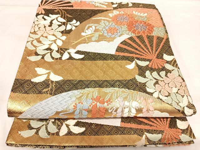 平和屋着物◎佐賀錦 六通柄袋帯 唐織 花扇 金糸 正絹 逸品 AABH0284yx